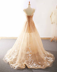 Bridesmaid Dress Shop, Pretty Champagne Straps Custom Tulle Party Dress, Lace Applique Formal Dress