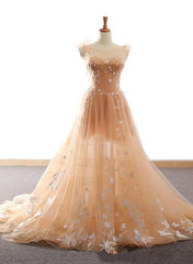 Bridesmaid Dresses Mismatched Colors, Pretty Champagne Straps Custom Tulle Party Dress, Lace Applique Formal Dress