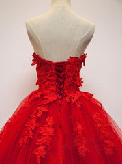 Prom Dress Sweetheart, Pretty Red Sweetheart Strapless Ball Gown Applique Tulle Long Prom Dress,Party Dresses