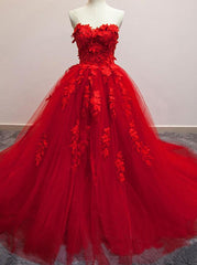 Prom Dresses Sweetheart, Pretty Red Sweetheart Strapless Ball Gown Applique Tulle Long Prom Dress,Party Dresses