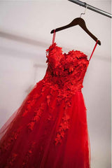 Prom Dresses Size 20, Pretty Red Sweetheart Strapless Ball Gown Applique Tulle Long Prom Dress,Party Dresses