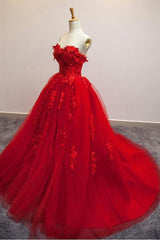 Prom Dress Long Beautiful, Pretty Red Sweetheart Strapless Ball Gown Applique Tulle Long Prom Dress,Party Dresses