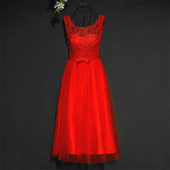 Bridesmaids Dresses Black, Pretty Red Tulle and Lace Tea Length Party Dress, Red Bridesmaid Dress