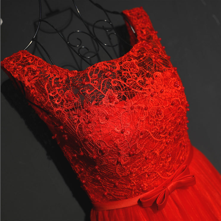 Bridesmaid Dress Black, Pretty Red Tulle and Lace Tea Length Party Dress, Red Bridesmaid Dress