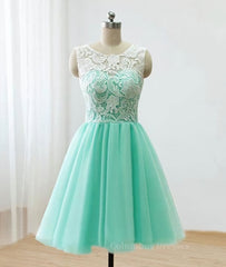 Prom Dress Aesthetic, Pretty Round-Neck Lace Tulle Short Green Prom Dresses, Lace Homecoming Dresses