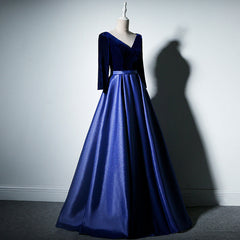 Bridesmaid Dress Pink, Pretty Royal Blue Long Sleeves Satin with Velvet Party Dress, A-line Long Prom Dress