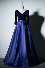 Bridesmaids Dress Pink, Pretty Royal Blue Long Sleeves Satin with Velvet Party Dress, A-line Long Prom Dress