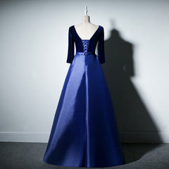 Bridesmaids Dresses Pink, Pretty Royal Blue Long Sleeves Satin with Velvet Party Dress, A-line Long Prom Dress