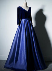 Bridesmaid Dresses Pinks, Pretty Royal Blue Long Sleeves Satin with Velvet Party Dress, A-line Long Prom Dress
