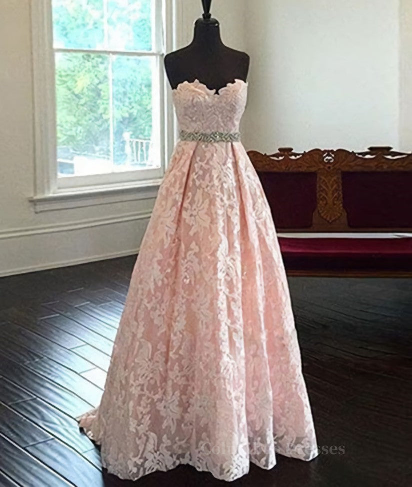 Formal Dresses 2054, Pretty Sweetheart Neck Pink Lace Prom Dresses, Pink Evening Dresses