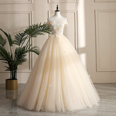 Party Dress Vintage, Pretty Tulle Champagne Off Shoulder  Prom Dress, Flowers Lace Formal Dress