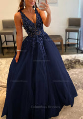 Engagement Dress, Princess A-line V Neck Sleeveless Sweep Train Tulle Prom Dress With Appliqued Beading