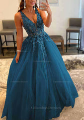 Dress Design, Princess A-line V Neck Sleeveless Sweep Train Tulle Prom Dress With Appliqued Beading