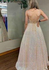 Prom Dress Unique, Princess A-line V Neck Spaghetti Straps Long/Floor-Length Sequined Prom Dress With Pleated