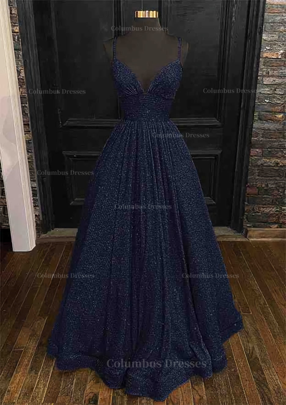 Prom Dresses Unique, Princess A-line V Neck Spaghetti Straps Long/Floor-Length Sequined Prom Dress With Pleated