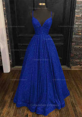 Prom Dress Cheap, Princess A-line V Neck Spaghetti Straps Long/Floor-Length Sequined Prom Dress With Pleated