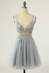 Prom, Princess Grey Beaded A-line Short Homecoming Dress