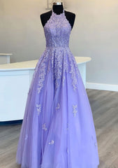 Party Dresses Online Shopping, Princess Halter Long/Floor-Length Lace Tulle Prom Dress With Appliqued Beading