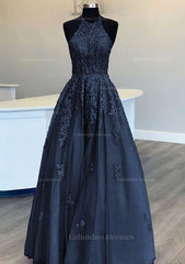Party Dresses Online Shop, Princess Halter Long/Floor-Length Lace Tulle Prom Dress With Appliqued Beading