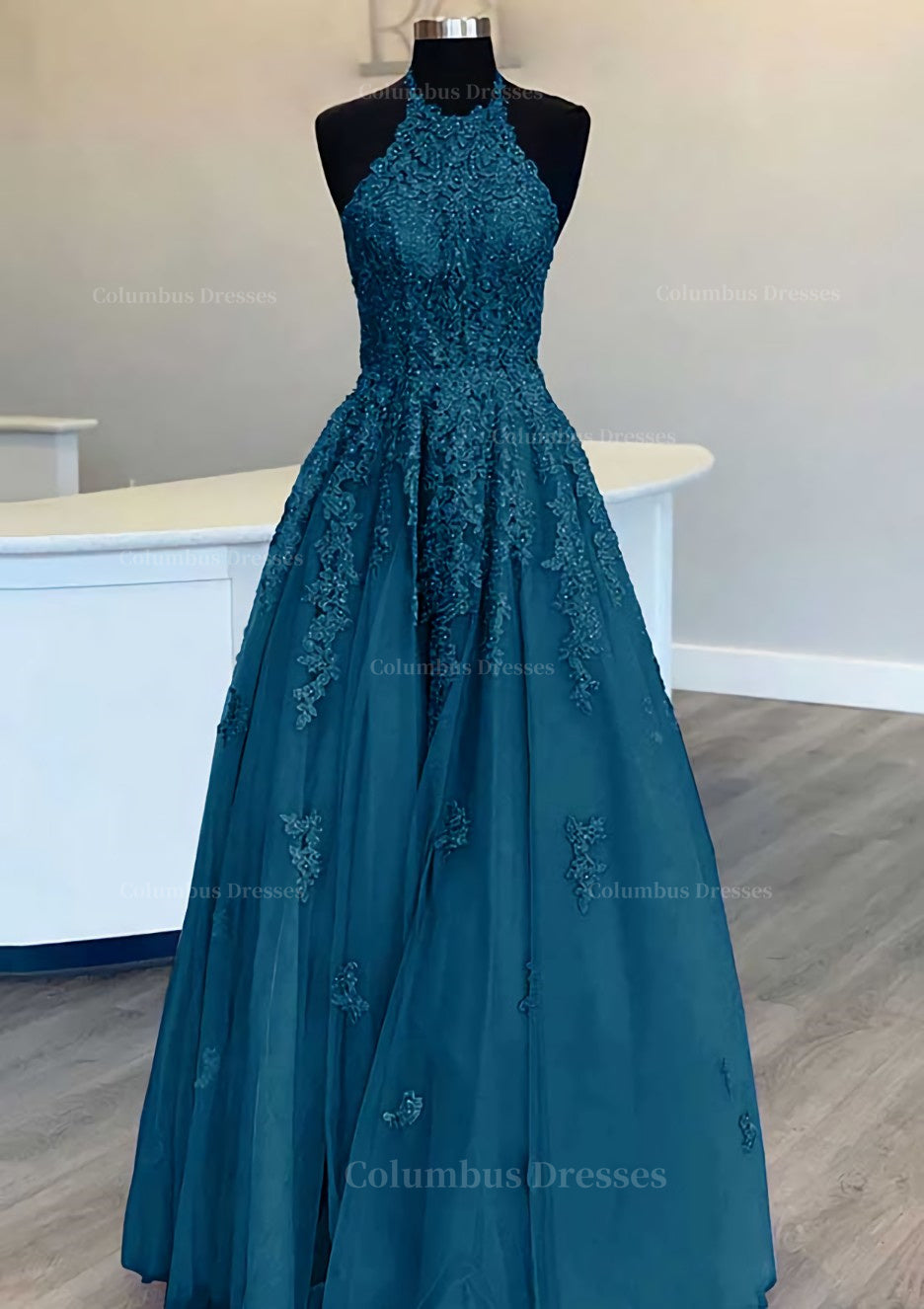 Party Dress Online Shopping, Princess Halter Long/Floor-Length Lace Tulle Prom Dress With Appliqued Beading