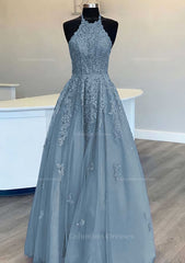 Party Dress Party Dress, Princess Halter Long/Floor-Length Lace Tulle Prom Dress With Appliqued Beading