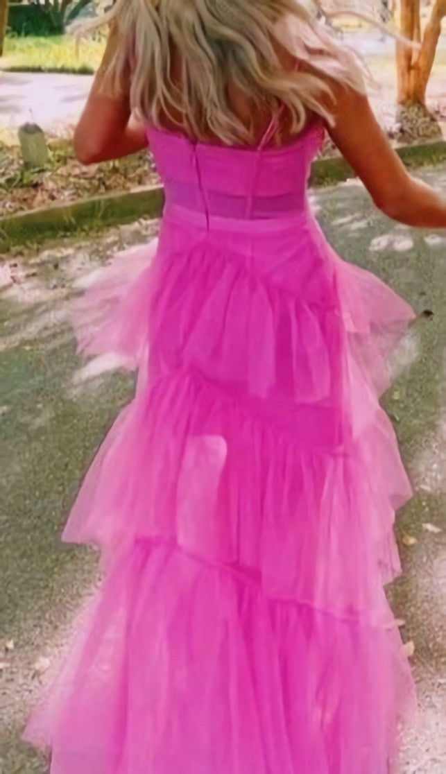 Party Dresses Size 24, Princess Hot Pink Long Prom Dress Layered Tulle Sleeveless Corset Gown,Evening Dresses