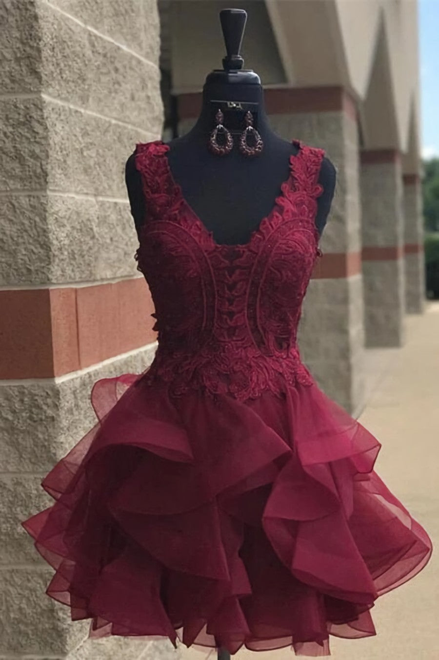 Prom Dress Gown, Princess Lace Appliques Dark Green Homecoming Dress with Flounced,Short Prom Dresses