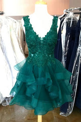 Prom Dress Tight, Princess Lace Appliques Dark Green Homecoming Dress with Flounced,Short Prom Dresses