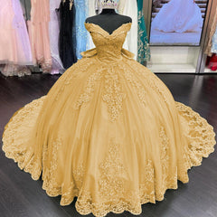 Prom Dress Long Sleeve, Princess Lace Off Shoulder Gold Quinceanera Dresses Applique With Bow