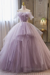 Party Dress Pink Dress, Princess Lavender Tulle Floral Long Prom Dress, Lavender Formal Evening Dress, Purple Ball Gown
