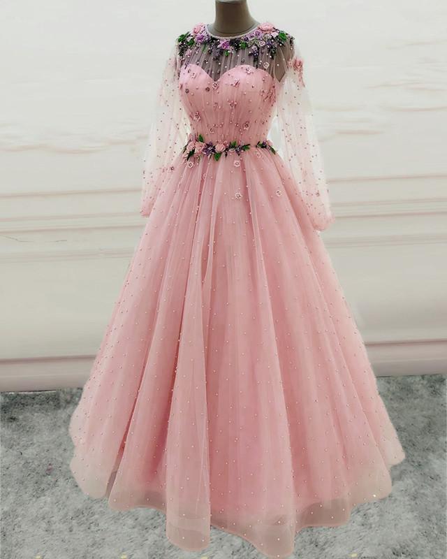 Prom Dress Boho, Princess Long Sleeves Prom Dresses Tulle Pearls Quinceanera Dress