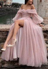 Black Tie Dress, Princess Off-the-Shoulder Sweep Train Tulle Prom Dress With Pleated Split
