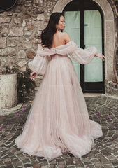 Classy Outfit Women, Princess Off-the-Shoulder Sweep Train Tulle Prom Dress With Pleated Split