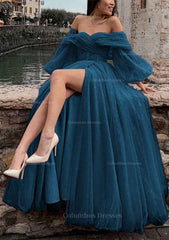 Party Dress Halter Neck, Princess Off-the-Shoulder Sweep Train Tulle Prom Dress With Pleated Split
