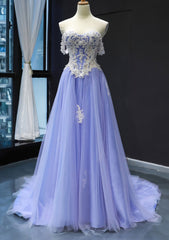 Wedding Dress Guest, Princess Off-the-Shoulder Sweep Train Tulle Satin Prom Dress With Appliqued