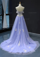 Short Dress Style, Princess Off-the-Shoulder Sweep Train Tulle Satin Prom Dress With Appliqued