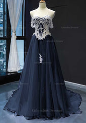 Women Dress, Princess Off-the-Shoulder Sweep Train Tulle Satin Prom Dress With Appliqued