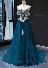 Maxi Dress Outfit, Princess Off-the-Shoulder Sweep Train Tulle Satin Prom Dress With Appliqued