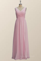Homecoming, Princess Pink Pleated V Neck Long Bridesmaid Dress