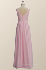 Formal Dress Short, Princess Pink Pleated V Neck Long Bridesmaid Dress