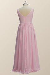 Short White Dress, Princess Pink Pleated V Neck Long Bridesmaid Dress