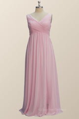 Prom Look, Princess Pink Pleated V Neck Long Bridesmaid Dress