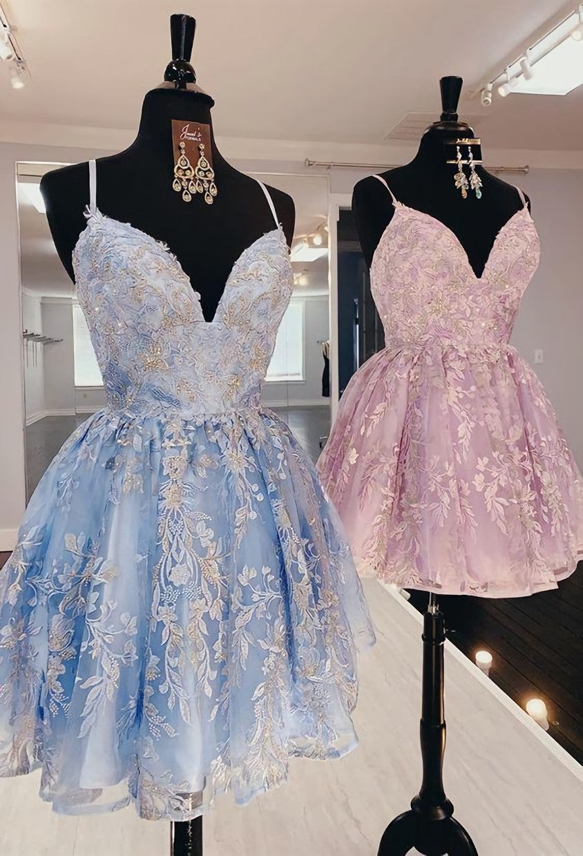 Prom Dresses Designer, princess pink short homecoming dresses, light sky blue formal homecoming dresses, lace hoco dresses for teens
