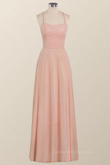 Formal Dress Website, Princess Pink Straps Chiffon A-line Long Bridesmaid Dress