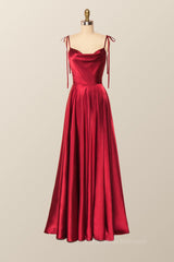 Prom Dress Long Sleeve Ball Gown, Princess Red A-line Long Dress with Tie Shoulders