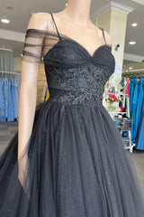Bridesmaid Dress Dark, Princess V Neck Black Tulle Cold-Shoulder Long Prom Gown Formal Dresses