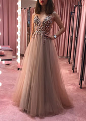 Bridesmaids Dress Mismatched, Princess V Neck Court Train Tulle Prom Dress With Appliqued Beading