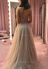 Bridesmaid Dresses Mismatching, Princess V Neck Court Train Tulle Prom Dress With Appliqued Beading