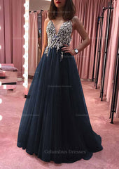 Bridesmaids Dresses Mismatched, Princess V Neck Court Train Tulle Prom Dress With Appliqued Beading