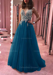 Bridesmaid Dresses Mismatch, Princess V Neck Court Train Tulle Prom Dress With Appliqued Beading